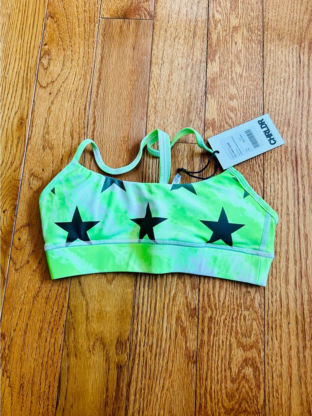 CHRLDR Neon Yellow Faded Stars Spaghetti Sports Bra XS NWT